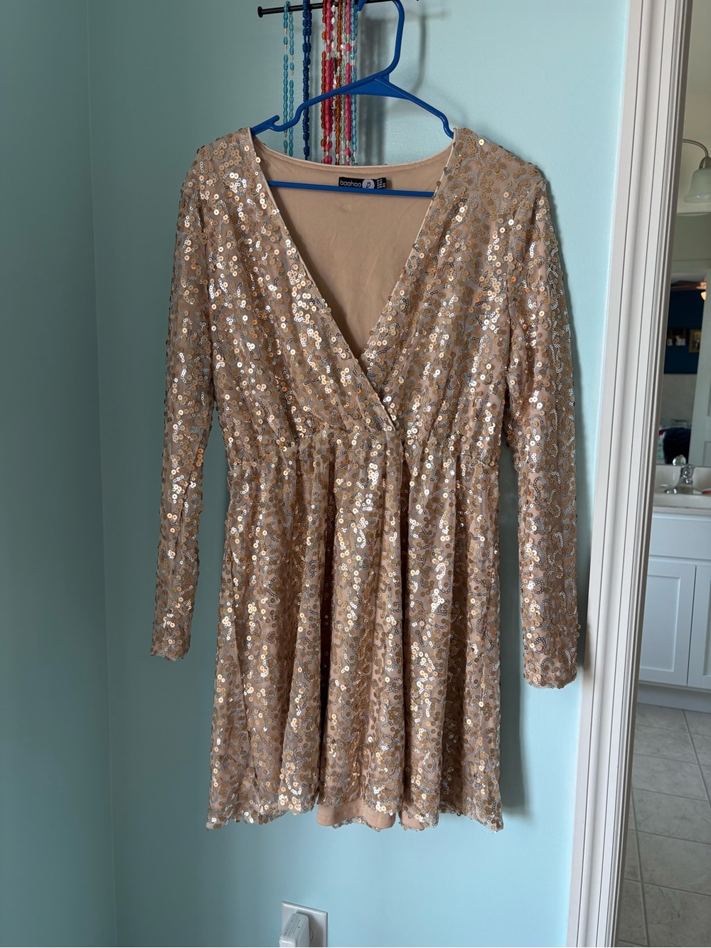 Boohoo Champagne Sparkle Sequin V-Neck Sequin Wrap Dress